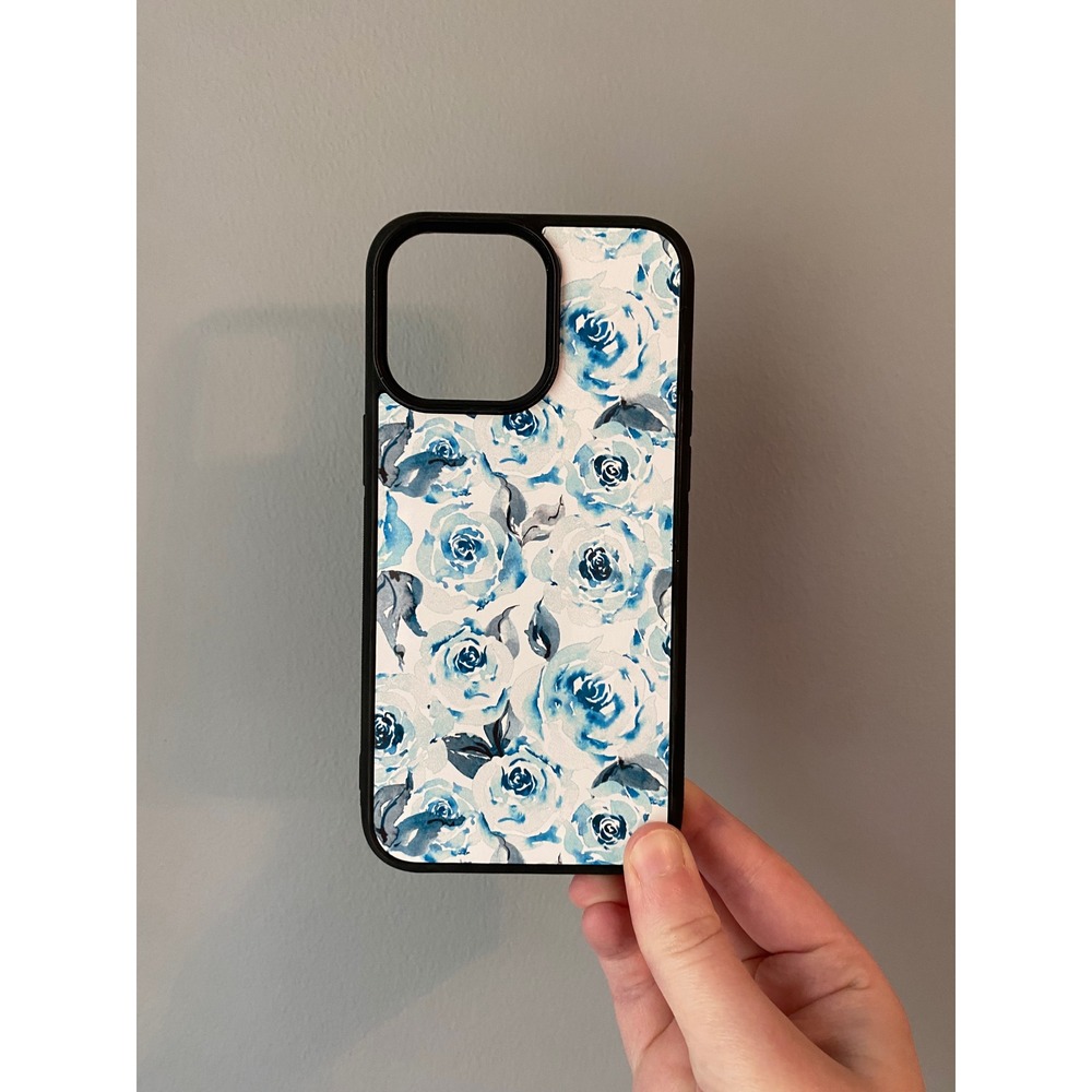 iPhone 15 Pro Max Case Blue Watercolor Floral Rose Pattern Black Bumper Preppy